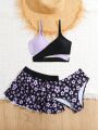 Tween Girls' Color-Block Cross Back Bikini Set With Separated Swimwear Briefs And Rash Guard, 3pcs