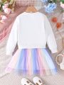 Little Girls' Fashionable Casual Unicorn Print Mesh Splice Long Sleeve Dress