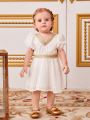 SHEIN Baby Girl Casual Holiday Style Short Sleeve Waist-Cinching Dress With Golden Tape