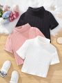 SHEIN Kids Y2Kool 3pcs/set Tween Girls' Sweet & Cool Solid Knit Short Sleeve T-shirt With Mock Neck For Daily Wear