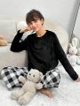 Teen Girls' Knitted Solid Color Flannel T-shirt And Plaid Pants Lounge Set