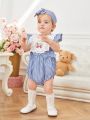 Baby Girl'S Blue Plaid Romper With Embroidered Floral Detail And Hairband