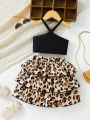 Young Girl 2pcs Black Leopard Prints Heart-Shaped Tank Top + Leopard Prints Skirt For Spring/Summer