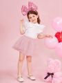 SHEIN Kids CHARMNG Little Girl'S Organza Stand Collar Shirt With Bow Knot Decor, Ruffle Edge Puff Sleeve And Waterdrop Back Collar