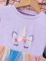 SHEIN Kids EVRYDAY Little Girls' Unicorn Printed Mesh Spliced Dress