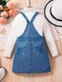 Young Girl Heart & Letter Embroidery Denim-Effect Print Overall Dress Without Sweater