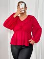 SHEIN Privé Plus Size V-Neck Lantern Sleeve Blouse With Ruffle Trim