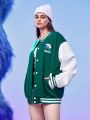 SHEIN X The Smurfs 1pc Letter Graphic Striped Trim Drop Shoulder Varsity Jacket