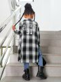 SHEIN Kids Cooltwn Young Girl Plaid & Letter Graphic Drop Shoulder Coat