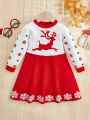 SHEIN Kids Cooltwn Young Girl Christmas Pattern Sweater Dress