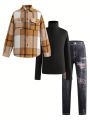 SHEIN Kids Cooltwn Tween Girl Plaid Print Coat & High Neck Tee & Pants