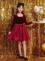 SHEIN Kids KDOMO Tween Girl Square Neck Velvet Dress Without Belt