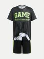 SHEIN Boys' Football Pattern Sporty Vest, T-Shirt, And Shorts 3pcs/Set
