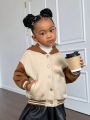 SHEIN Kids Cooltwn Young Girl Bear Decor Two Tone Drop Shoulder Hooded Striped Trim Varsity Jacket