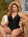 SHEIN Swim Chicsea Women's Plus Size Deep V-Neck Ruched Halterneck Tankini Set