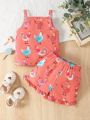 New Spring & Summer Baby Girl Chick Print Tank Top And Shorts Set