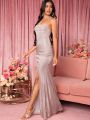 Mienne Tie Backless Split Thigh Metallic Dress