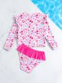 Young Girl's Floral Print Ruffle Hem Long Sleeve Two-Piece Swimsuit