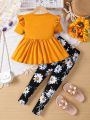 SHEIN Kids SUNSHNE Little Girls' Knit Solid Color Flying Sleeve Top With Round Collar And Floral Pattern Knit Pants Set