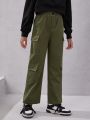 SHEIN Kids Cooltwn Big Girls' Casual Streetwear Solid Color Straight Leg Cargo Pants