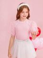 SHEIN Kids CHARMNG Tween Girls' Round Neck Knitted Comfortable T-Shirt With Net Yarn And Puff Sleeve, Shoulder Decoration And Button; Sold Seperately As Part Of Sibling Outfits Matching Outfits (3 Pieces)