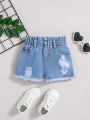 SHEIN Young Girl's Distressed Denim Shorts