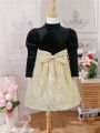 SHEIN Kids CHARMNG Young Girl Mock Neck Gigot Sleeve Sequin Bow Front Dress