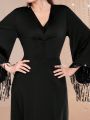 SHEIN Modely V-Neck Sequined Fringed Cuffs Bell-Sleeve Dress