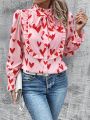 Heart-shaped Printed Ruffle Trim Blouse