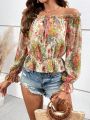 SHEIN VCAY Holiday Off Shoulder Blouse With Floral Print And Ruffled Hem