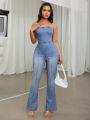 SHEIN ICON Strapless Washed Denim Jumpsuit