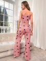 Heart Print Cami Top And Long Pants Pajama Set