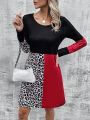 Women's Leopard Print Contrast Color Dress