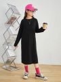 SHEIN Tween Girls Loose Casual Round Neck Mid-Length Letter Pattern Dress