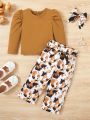 Baby Girls' Solid Color Leg-Of-Mutton Sleeve Top With Full Printing, Belted Pants Set