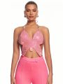 SHEIN BAE Pink Delicate Rhinestone Embellished Butterfly Shaped Backless Halter Top With Bow Tie For Nightclub, Party, Date, Summer Festival Outfits, Vintage Rave Outfits, Glitter Top, Western Coquette, Sexy