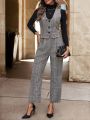 SHEIN Clasi 1pc Plaid Buttoned Vest Jacket And 1pc Suit Pants Set