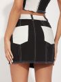 LARAMEE Contrast Waist Pocket Back Denim Skirt