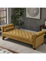 82 Inch End of Bed Bench with 2 Pillows Rolled Armed Ottoman Bench Velvet Bench Button Tufted Sofa Bench Upholstered Bench for Entryway, Living Room and Window