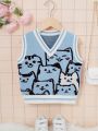 SHEIN Girls' Casual V-Neck Cat Pattern Sleeveless Sweater For Toddler Girls