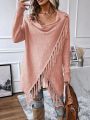 SHEIN LUNE Women's V-neckline Fringe Trim Shawl Collar Open Front Cardigan