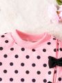 SHEIN Kids QTFun Little Girls' 2pcs/Set Polka Dot Embossed Sweatshirt With Bow Decoration And Heart Print Leggings