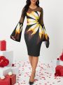 SHEIN Lady Women's Floral Print Bell Sleeve Dress