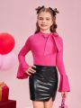 SHEIN Kids FANZEY Girls' Knit Solid Color Stand Collar Slim Fit Casual T-shirt