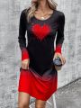 Women's Black Gradient Heart Print Round Neck Dress