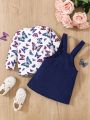 Baby Girls' Butterfly Printed Sweatshirt And Solid Color Suspender Skirt Set