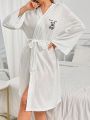 Women's Teddy Bear & Letter Embroidery Belted Robe