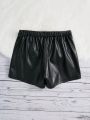 SHEIN Kids FANZEY Girls' Woven Solid Color Pu Leather Elegant Skorts