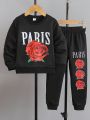 SHEIN Kids Cooltwn Little Boys' Rose & Letter Printed Sweatshirt And Joggers Two Piece Set