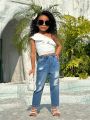 SHEIN Kids Cooltwn Young Girls' Lace Single Shoulder Top And Denim Pants Set